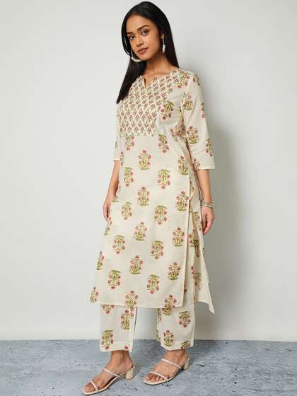 Melange by Lifestyle
                        Women Floral Printed Regular Thread Work Pure
                        Cotton Kurta with Trousers