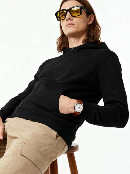 DAMENSCH Men Solid
                        Long Sleeves Hooded Front-Open Sweatshirt
