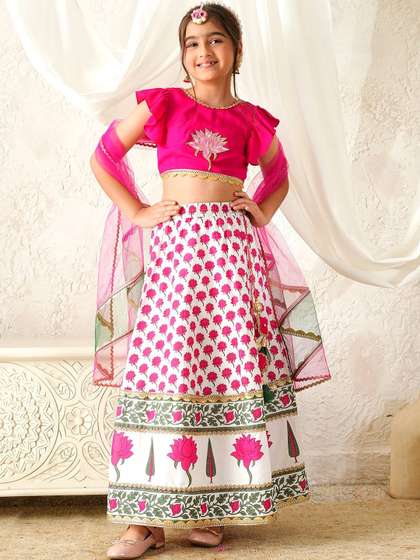 pspeaches Girls
                        Magenta & White Ethnic Booti Rayon Circular
                        Lehenga & Choli With Dupatta