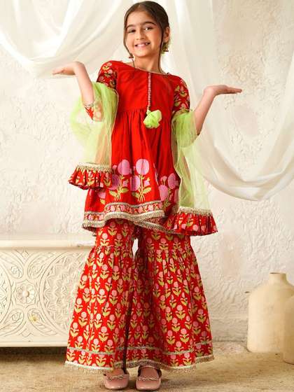 pspeaches Girls Red
                    Ethnic Booti Print Cotton A-Line Kurta & Sharara
                    With Dupatta