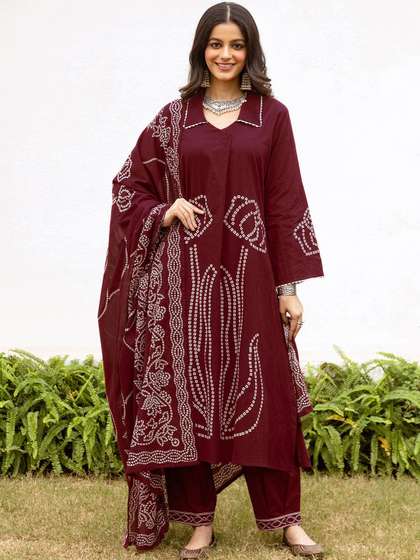 SKYLEE Women
                        Bandhani Printed Regular Kurta with Trousers
                        & With Dupatta