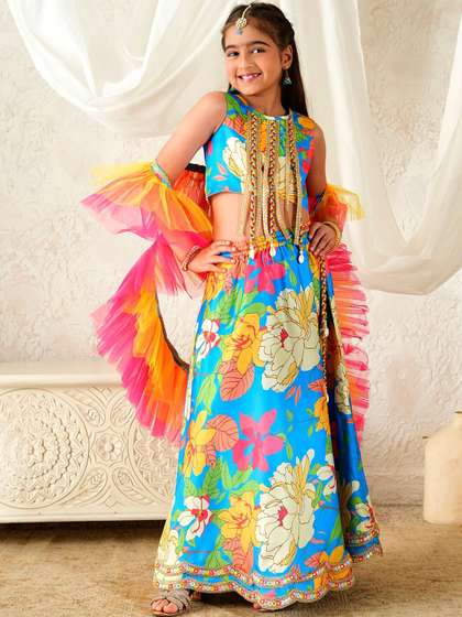 pspeaches Girls Multi
                    Ethnic Floral Print Satin Circular Lehenga &
                    Choli With Dupatta