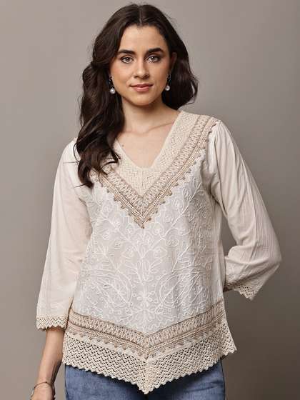 ZHOF Embellished
                      Embroidered Bohemian Cotton Top