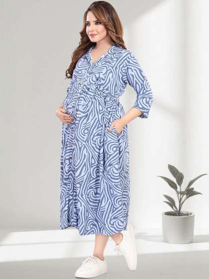 MomsBae Print
                        Maternity Shirt Midi Dress