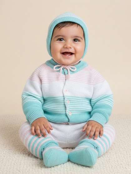 Little Angels Unisex
                    Baby Striped Woollen Cardigan Sweaters with Pant,
                    Cap and Socks Set