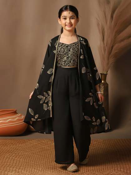 FASHION DREAM Girls
                    Embroidered V-Neck Top With Palazzo & Shrug