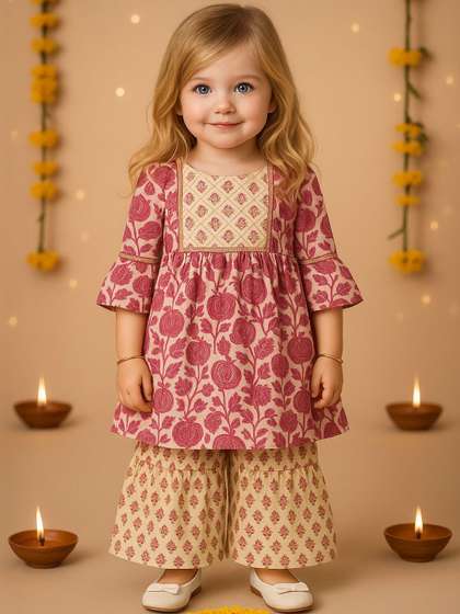 Arshia Fashions Girls
                    Ethnic Motifs Printed Tiered Gotta Patti Kurta with
                    Sharara