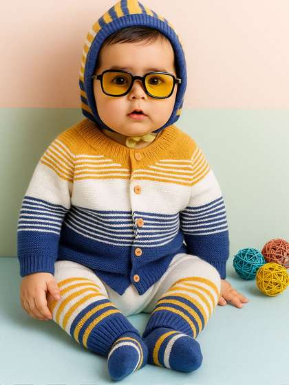 Little Angels Unisex
                      Baby Striped Woollen Cardigan Sweaters with Pant,
                      Cap and Socks Set