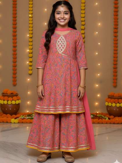 Arshia Fashions Girls
                    Floral Printed Angrakha Thread Work Kurta with
                    Sharara & With Dupatta