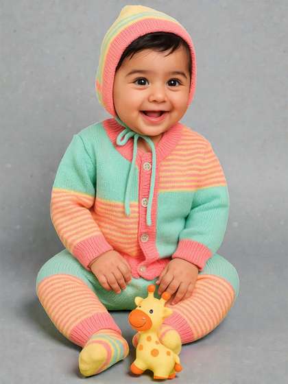 Little Angels Unisex
                    Baby Colourblocked Woollen Cardigan Sweaters with
                    Pant, Cap&Socks Set