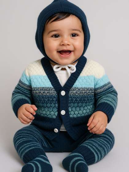 Little Angels Baby
                      Boys Striped V-Neck Woollen Cardigan Sweaters with
                      Pant,Cap & Socks Set