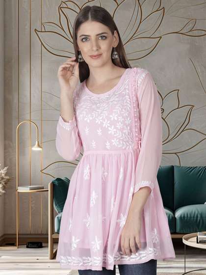 Seva Chikan Ethnic
                        Motifs Chikankari Embroidered Angrakha A line
                        Kurti With Slip