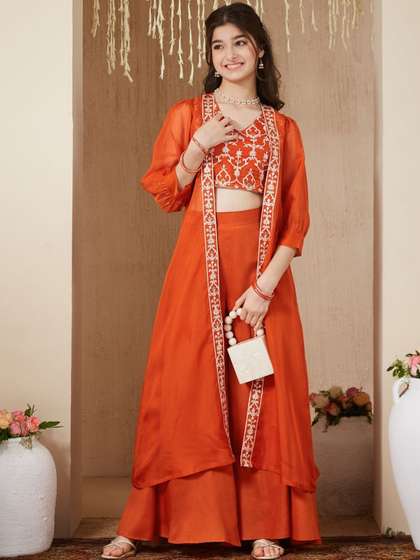 CurlyTales Girls Organza
                    Embroidered Blouse and Kaftan Shrug with Palazzo
                    Set