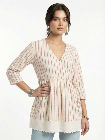 fusion by glitchez
                        Striped V-Neck Tie-Up & Schiffli Detail
                        Angrakha Kurti