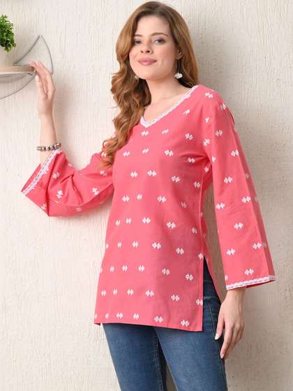 BKApparels Ethnic
                          Motifs Embroidered V-Neck Flared Sleeves Pure
                          Cotton Kurti