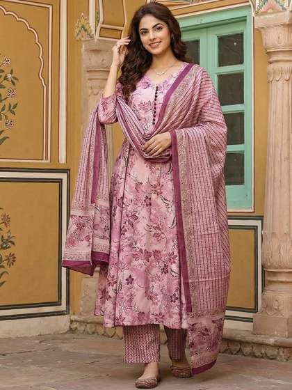 Anouk Women Floral
                        Printed Regular Pure Cotton Kurta with Trousers
                        & With Dupatta