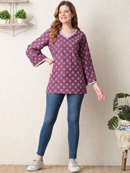 BKApparels Ethnic
                        Motifs Printed V-Neck Flared Sleeves Pure Cotton
                        Kurti