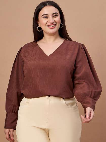 Style Quotient Plus
                        Size Women Brown Bishop Sleeves Formal Texture
                        Top