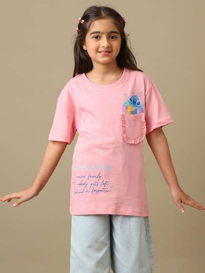 Kids Ville Girls Lilo
                    & Stitch Printed Pure Cotton Round Neck Relaxed
                    Fit Tshirt