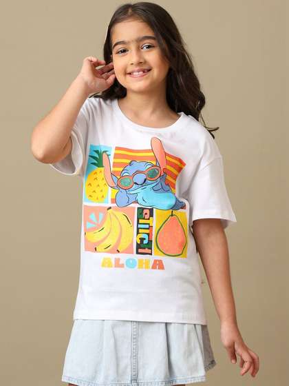 Kids Ville Girls Lilo
                    & Stitch Printed Pure Cotton Round Neck Relaxed
                    Fit Tshirt