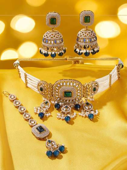 Zaveri Pearls
                        Gold-Plated Stone-Studded & Beaded
                        Multistrand Choker Jewellery Set