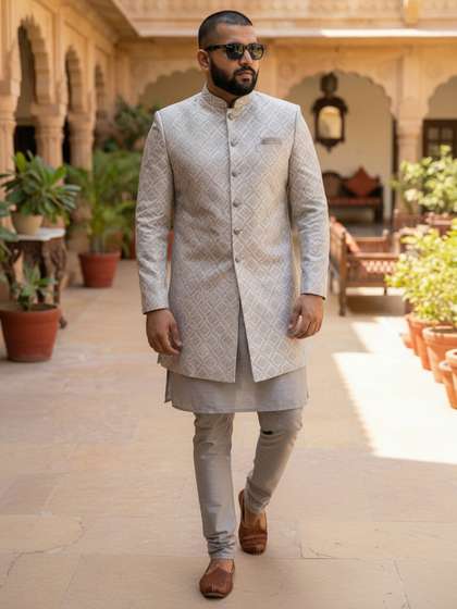 KISAH Plus Size
                          Men Self Design Kurta Indo Western Sherwani
                          Churidar Set
