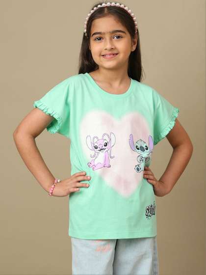 Kids Ville Girls Lilo
                    & Stitch Printed Pure Cotton Relaxed Fit
                    Tshirts