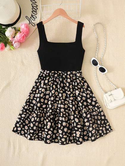 Sangria Girls Printed
                      Square Neck Fit & Flare Dress