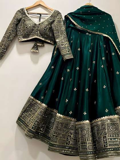 SUPPAR SLEAVE
                        Embellished Mirror Work Semi-Stitched Lehenga
                        & Blouse With Dupatta