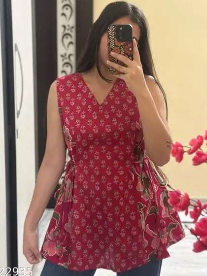 SATITHA Floral
                        Printed V-Neck Pure Cotton Angrakha Kurti