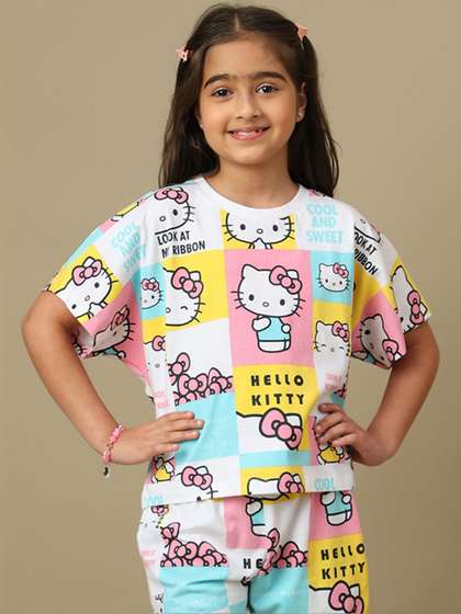 Kids Ville Girls Hello
                    Kitty Printed Pure Cotton Relaxed Fit Tshirts
