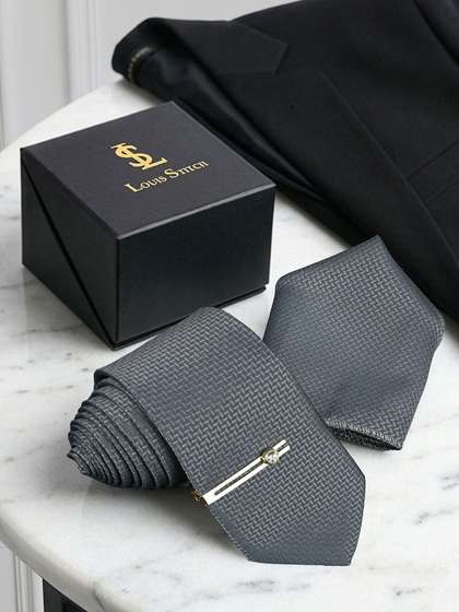LOUIS STITCH Men Grey
                    Premium Tie Set with Pocket Square & Golden Tie
                    Pin