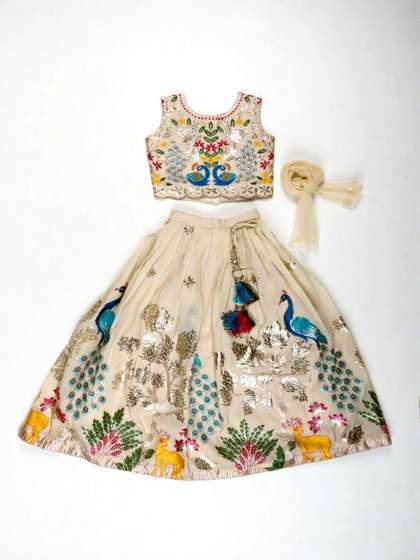 NKV Girls
                        Embroidered Thread Work Foil Print Ready to Wear
                        Lehenga &