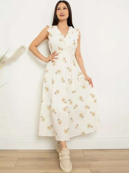 PIMU Floral Print Midi Flutter Sleeve Dress
