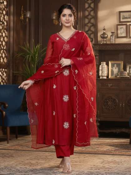 KALINI Women
                          Ethnic Motifs Embroidered Empire Thread Work
                          Kurta with Trousers & With Dupatta