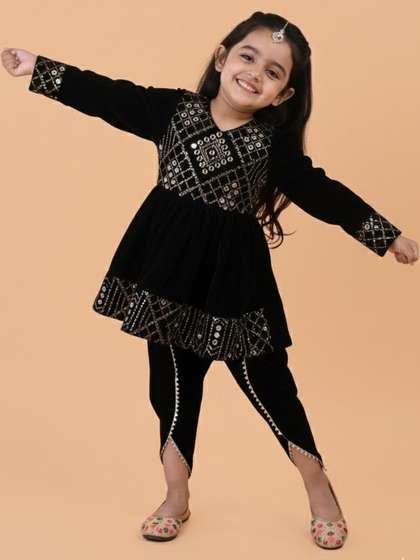 Titrit Girls Embroidered
                    Tiered Mirror Work Velvet Kurti with Dhoti Pants
