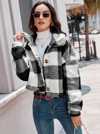Stylecast X Slyck
                          Women Checked Button-Front Sherpa Jacket