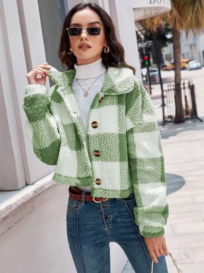 Stylecast X Slyck
                          Women Checked Button-Front Sherpa Jacket