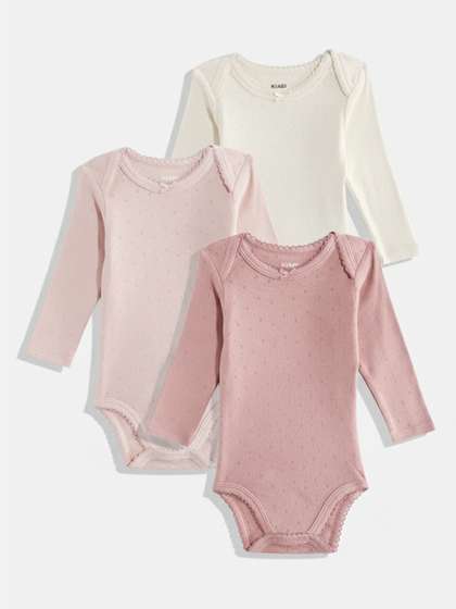 KIABI Infant Girls Pack
                    of 3 Self Design Pure Cotton Long-sleeved Bodysuit