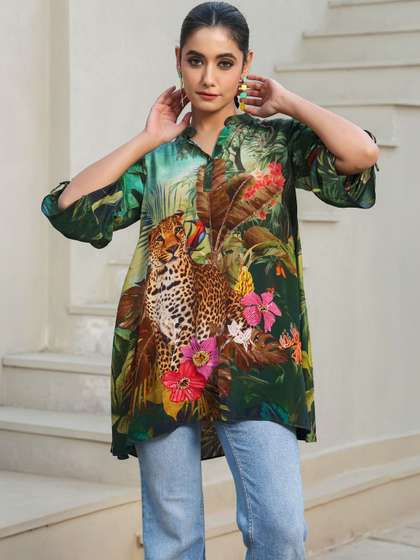 NILIMA CREATIONS
                          Tropical Print Mandarin Collar Roll-Up Sleeves
                          Tropical Top