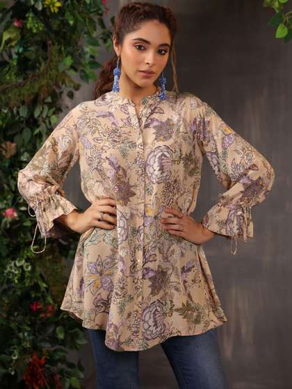 NILIMA CREATIONS
                          Floral Print Mandarin Collar Flared Sleeve
                          Top