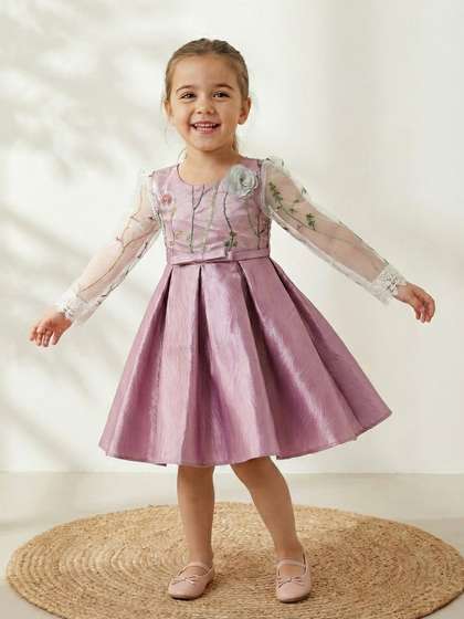 YK Girls Floral
                      Embroidered Fit & Flare Dress