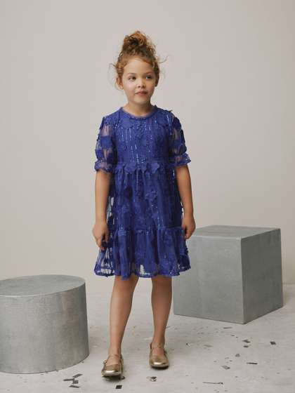 NEXT Girls Floral Puff
                    Sleeve Applique Net Fit & Flare Dress