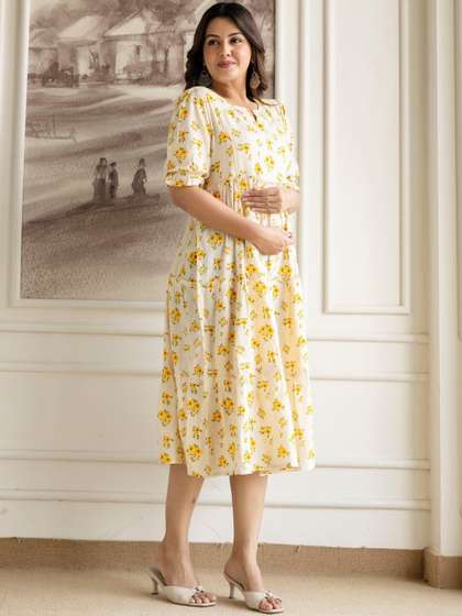 THE PERFECT FIT CO.
                        Floral Print Fit & Flare Midi Maternity
                        & Nursing Cotton Dress