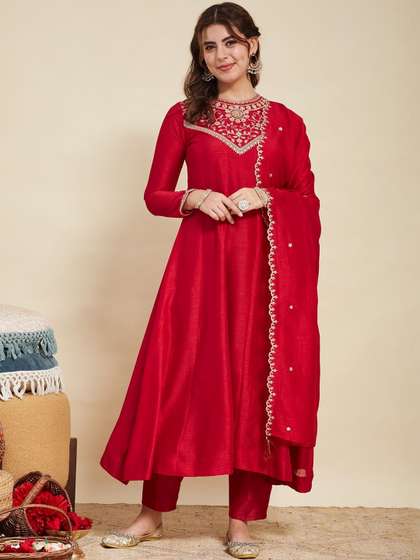 MOKOSH Women Silk
                          Embroidered Anarkali Kurta And Pant Set With
                          Dupatta