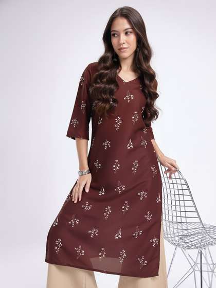 Anouk Rustic V-Neck
                        Floral Printed Straight Kurta