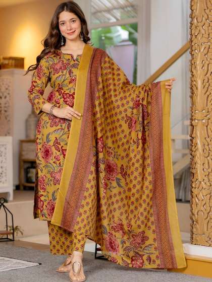 JAIPUR SARAI Women
                        Floral Printed Regular Pure Cotton Kurta with
                        Trousers & With Dupatta