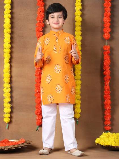 Superminis Boys Pure
                    Cotton Gold Foil Printed Yellow & White Kurta
                    Pyjama Set