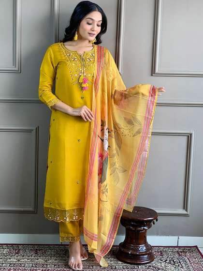 TYLISSA Women
                          Ethnic Motifs Embroidered Regular Thread Work
                          Kurta with Trousers & With Dupatta