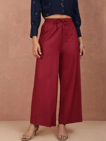 TWIN BIRDS Women
                        Maroon Solid Soft Viscose Wide Leg Palazzos